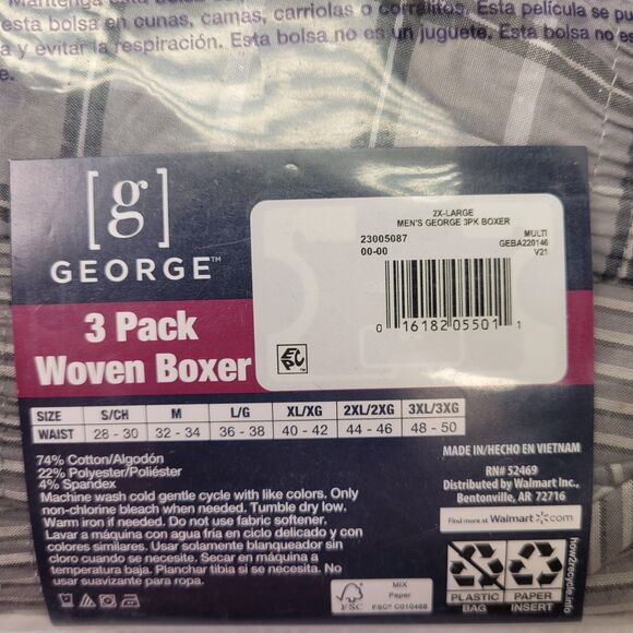 George 3 Pack Men's Woven Boxer Antimicrobial, Moisture Wicking, Tag-Free 2XL - Picture 3 of 12